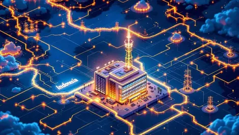 Indonesia isometric islands glowing fibre optic cables digital net