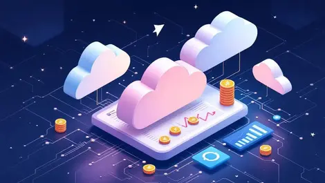 Isometric multi cloud logos to dashboard ai cost optimization art