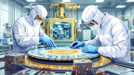 Crolles france semiconductor cleanroom engineers inspecting large silicon wafer