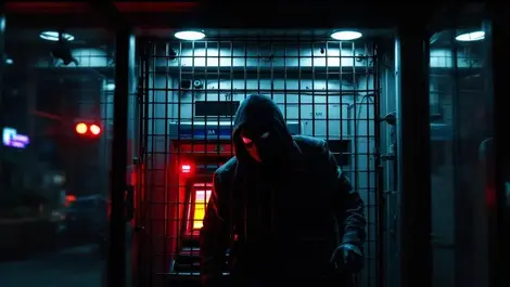 Indian atm booth night metal grill trapping masked intruder red light