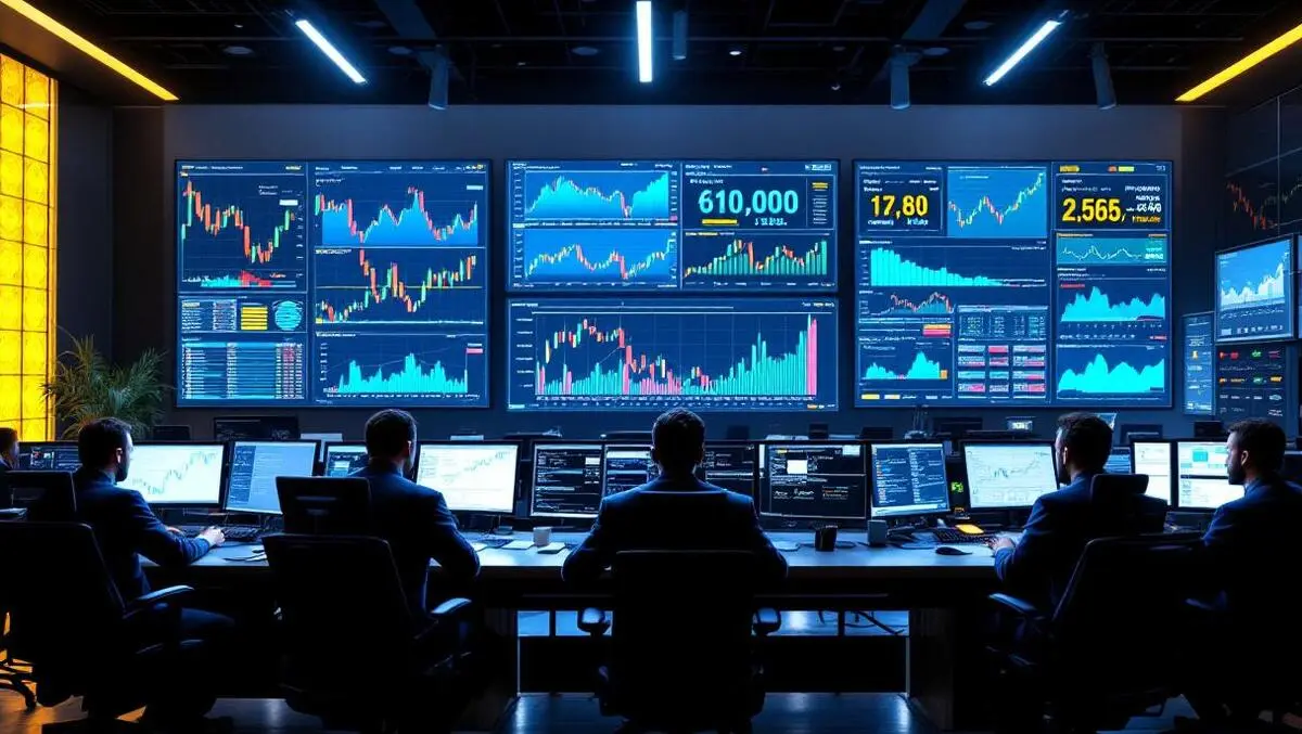 Crypto trading floor institutional traders screens candlesticks