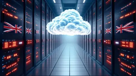 Uk mod secure data centre servers fading into abstract cloud
