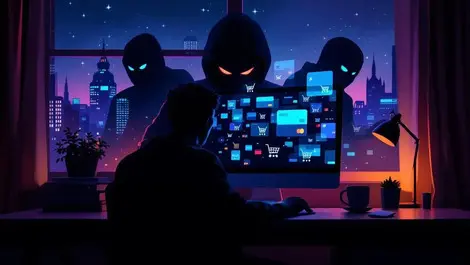 Nighttime home desk ai shopping bots fraud shadowy figures skyline