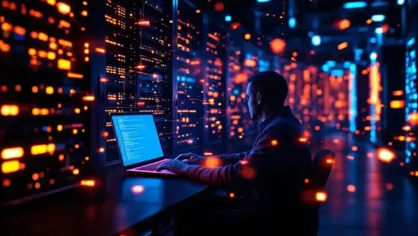 Cinematic uk server room glowing laptop highlighted network breach