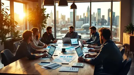 Sydney coworking startup team reviewing financial charts view