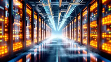 Modern datacenter aisle with liquid cooling pipes clean energy