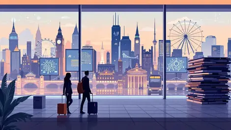 Uk city skyline london ai office travelers near fading billboards