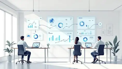 Modern architecture office data dashboards cloud automation scene
