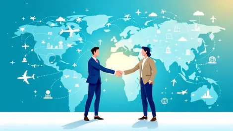 Asia europe business partnership world map travel icons flat design