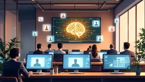 Philippines airline call center with agents and glowing ai brain icon