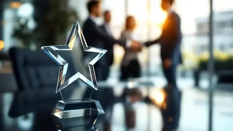 Crystal star trophy on reflective table in modern office scene