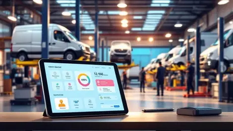 Busy van repair workshop tablet dashboard mechanics servicing vehicles