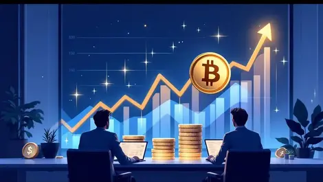 Optimistic investors finance office bitcoin chart secure ledger digital illustration